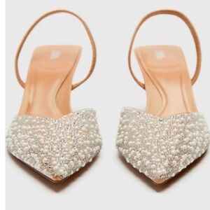 Elegant Cream Beaded Heels with Pointed Toe and Slingback Style